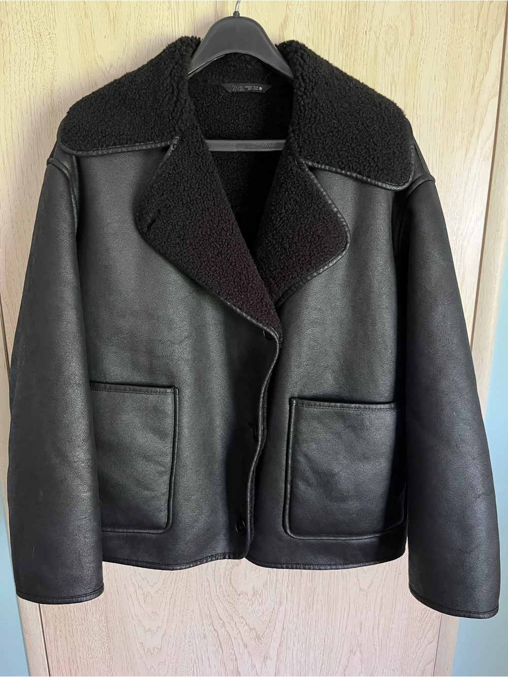 Zara ZW Collection Double-Faced Black Jacket Women's Faux Shearling Sz S